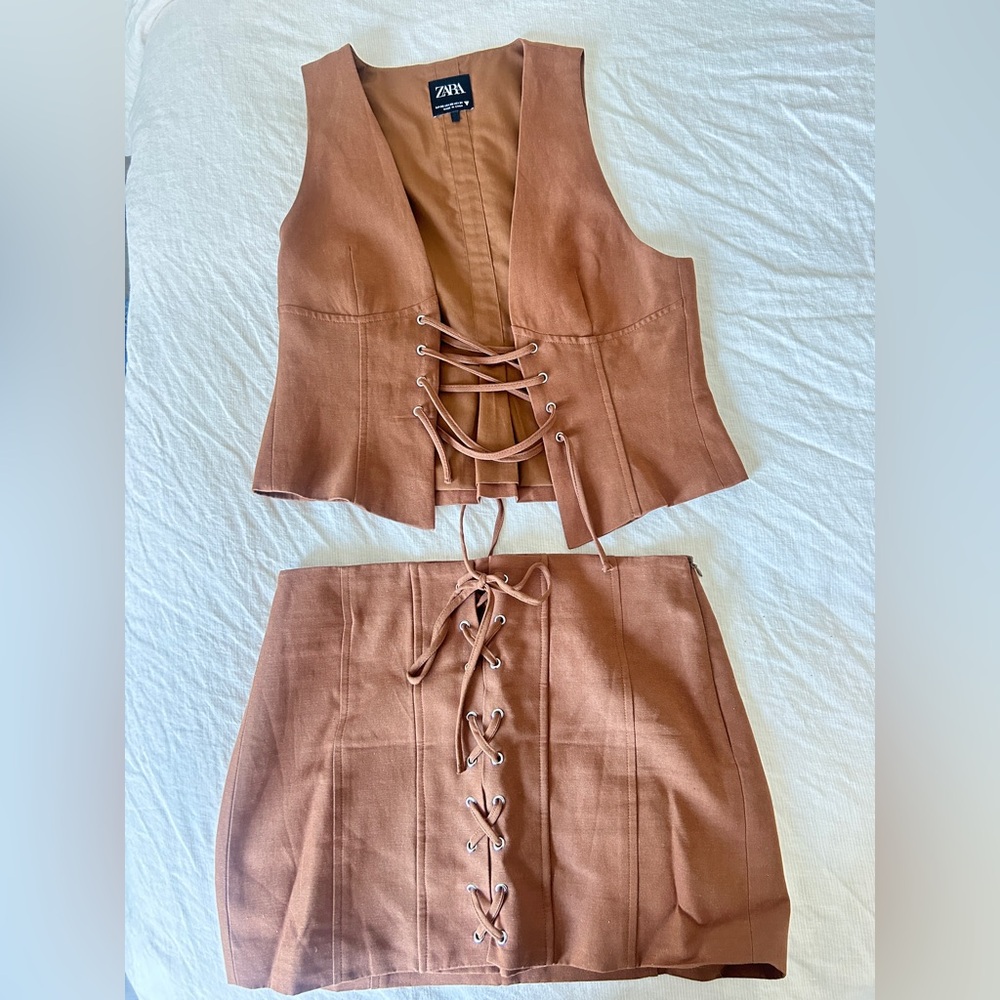 Zara Brown Mini Pencil Skirt with Tie Front